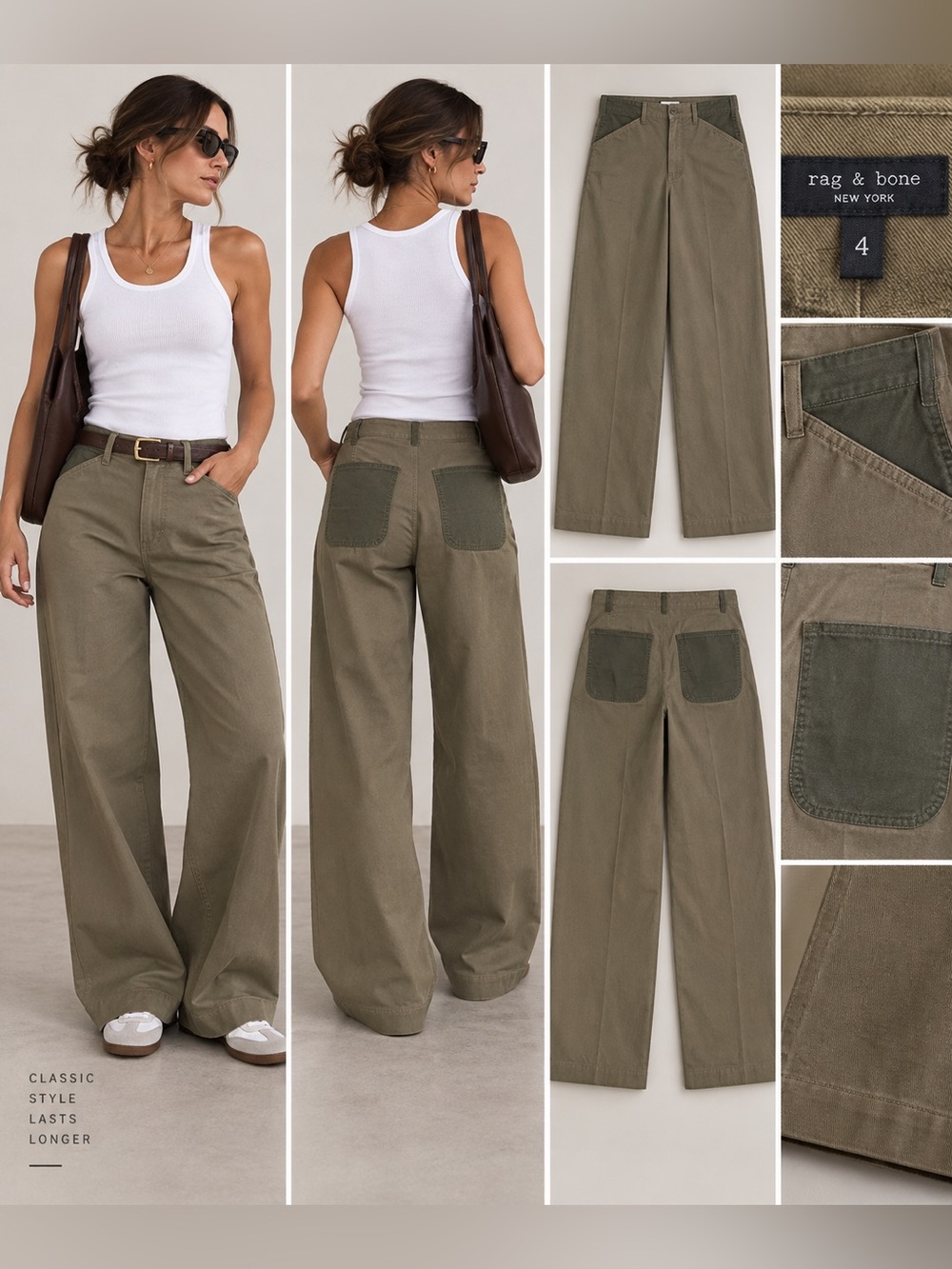 Rag & Bone Olive Khaki Wide Leg Utility Pants Contrast Pockets Size 4